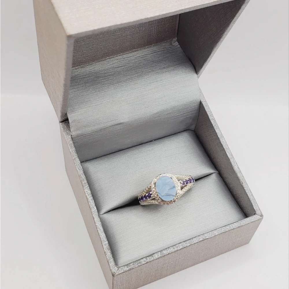 Genuine Rough Cut Blue Oregon Opal & Purple Diamond Simulants 925 Silver Ring